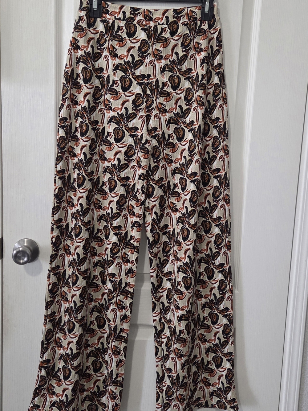 Zara Cream Wide-Leg Floral Palazzo Pants with Brown & Rust Print